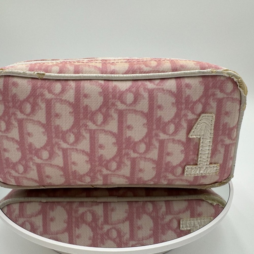 Christian Dior-Authentic-Rare Cosmetic Bag Pouch Pink and White Coated Canvas - Picture 1 of 11